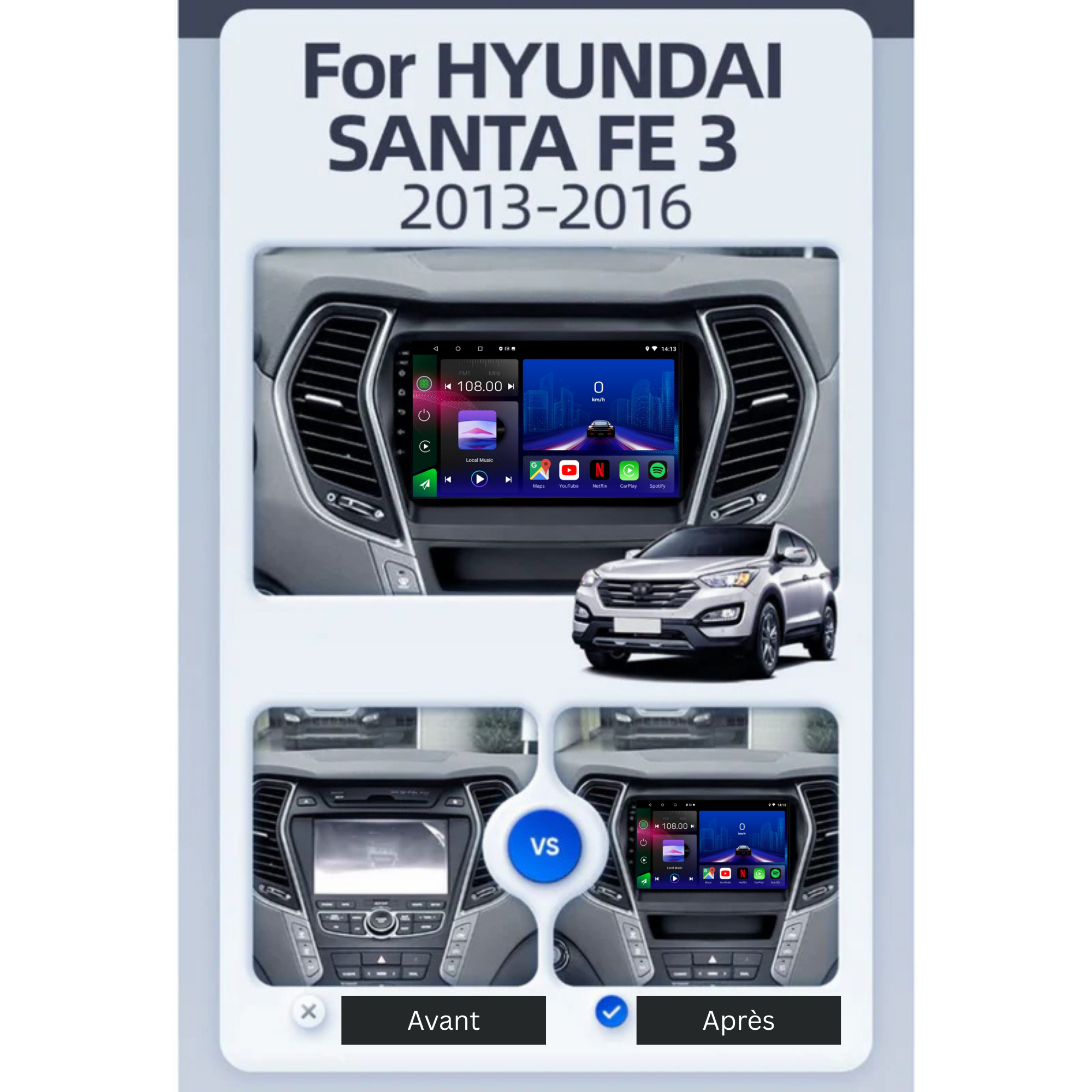 Hyundai Santa Fe 3 | 2013-2016 | Android 13 Autoradio | Apple CarPlay | Android Auto - TechVoyage