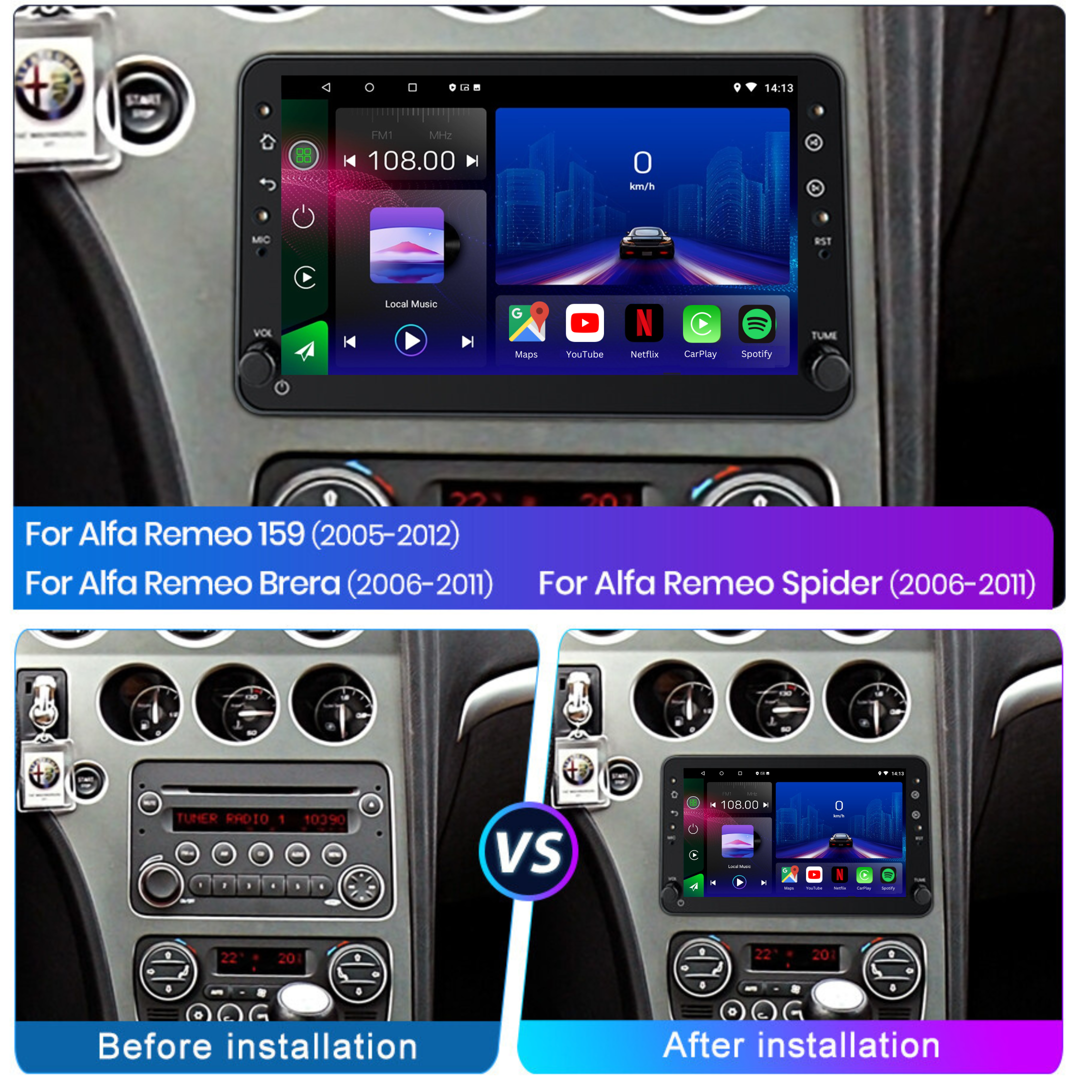 Alfa Romeo 159 | Brera | Spider | 2005-2012 | Android 13 Autoradio | Apple CarPlay | Android Auto - TechVoyage